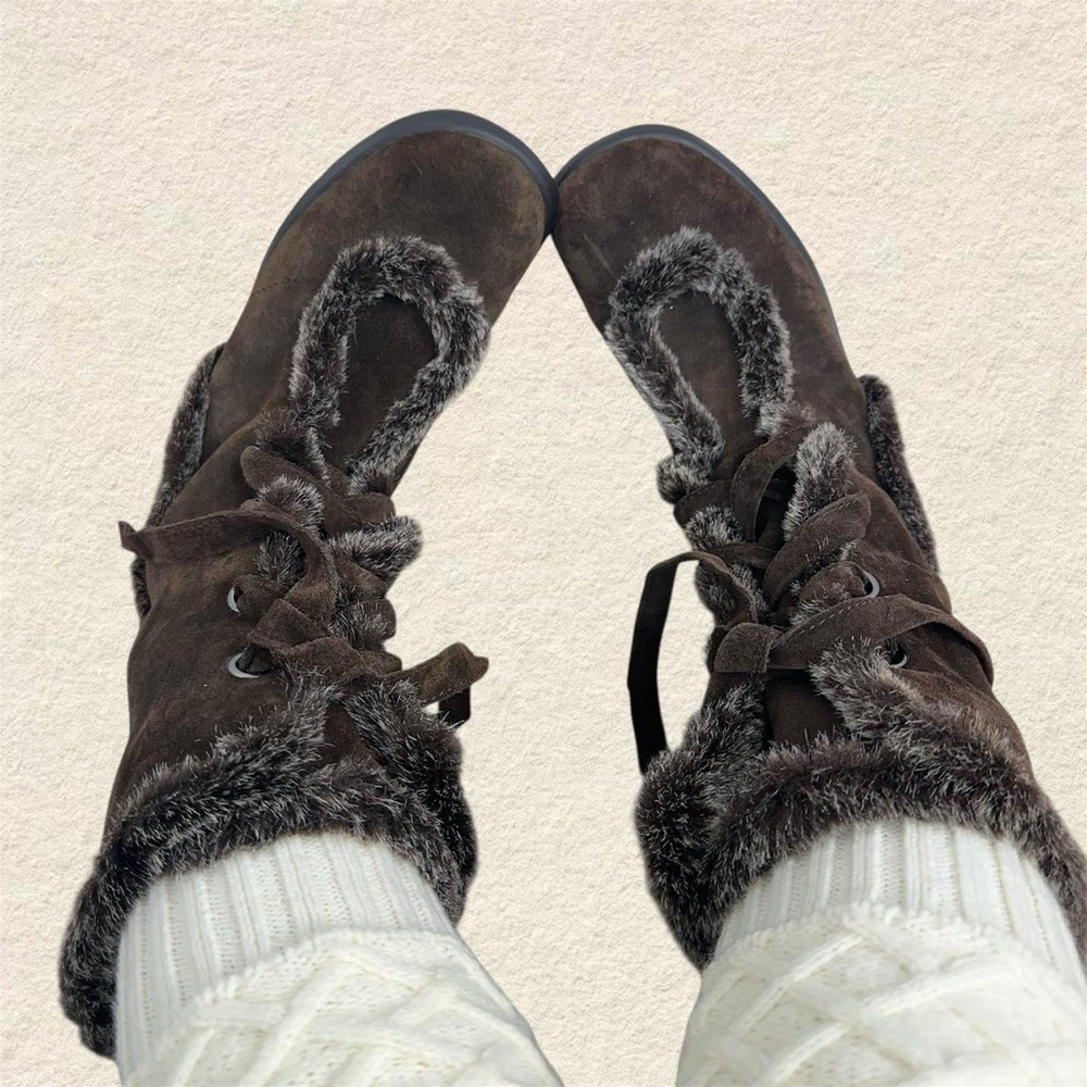 Y2k aerosoles cozy brown faux fur trim suede lace up womens boots
